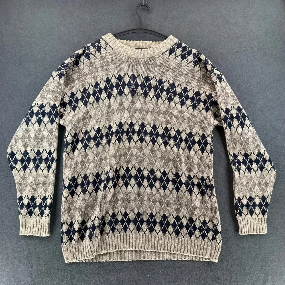 Vintage SCANDIA Argyle Cotton Knit Sweater Mens L Made In USA 80s 90s Grandpa